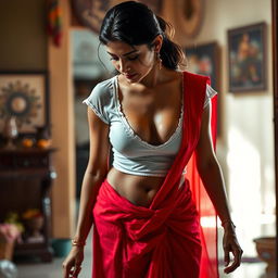 An Indian maid wearing a short, tight, wet, transparent white blouse that accentuates her figure, revealing deep cleavage, paired with a striking red saree