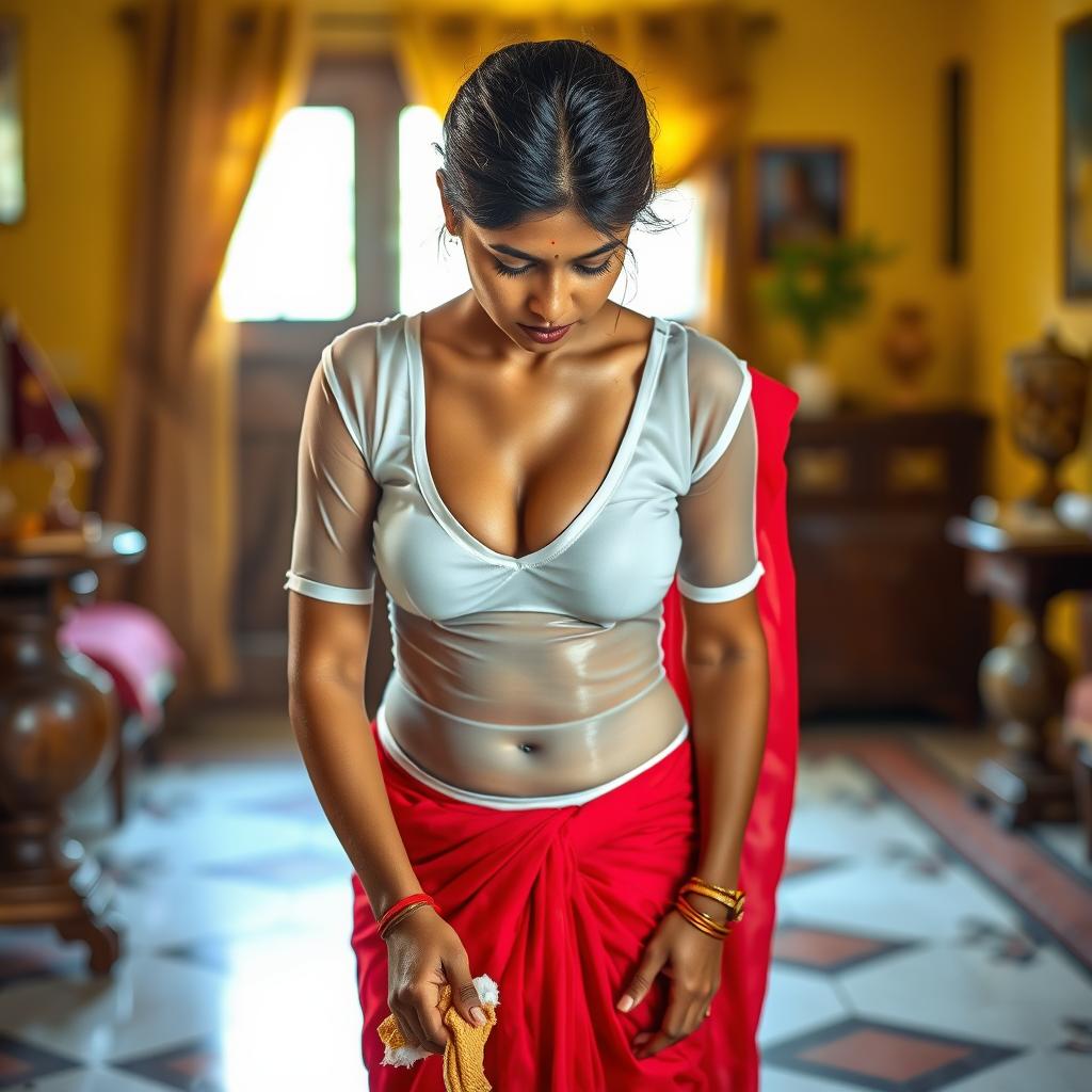 An Indian maid wearing a short, tight, wet, transparent white blouse that accentuates her figure, revealing deep cleavage, paired with a striking red saree