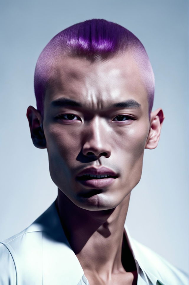 A high-definition image of a handsome male Chinese supermodel with a buzzcut purple hairstyle