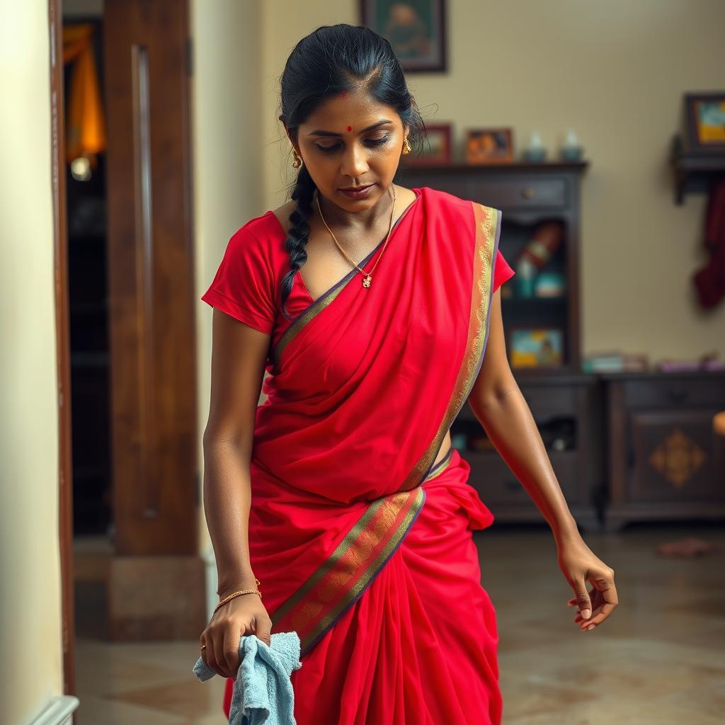 An Indian maid wearing a wet, short blouse that fits snugly, revealing deep cleavage, paired with a bright red saree