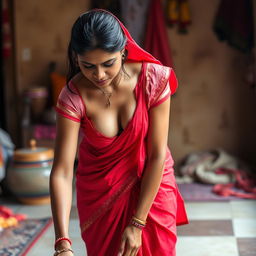 An Indian maid wearing a wet, short blouse that fits snugly, revealing deep cleavage, paired with a bright red saree