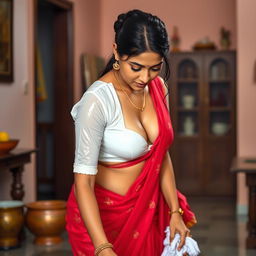 An Indian maid wearing a wet, short white blouse that highlights her figure and reveals deep cleavage, paired with a vibrant red saree