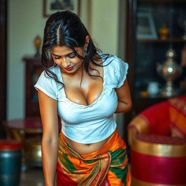 An Indian maid wearing a wet, short white blouse that highlights her figure and reveals deep cleavage, paired with a vibrant red saree