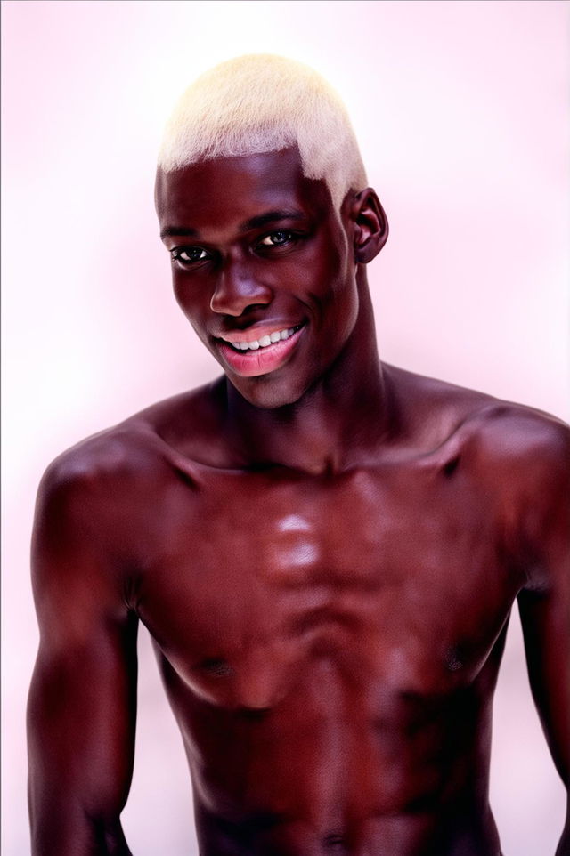 A high-definition image of a handsome black male supermodel with a buzzcut blonde hairstyle