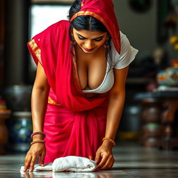 An Indian maid wearing a wet, short white blouse that highlights her figure and reveals deep cleavage, paired with a vibrant red saree
