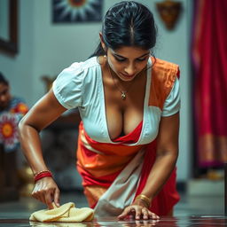 An Indian maid wearing a wet, short white blouse that highlights her figure and reveals deep cleavage, paired with a vibrant red saree