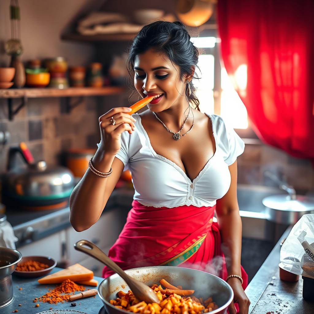 An Indian maid wearing a wet, short white blouse that highlights her figure and reveals deep cleavage, paired with a colorful red saree