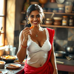 An Indian maid wearing a wet, short white blouse that highlights her figure and reveals deep cleavage, paired with a colorful red saree