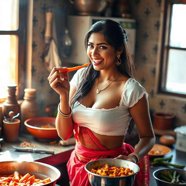 An Indian maid wearing a wet, short white blouse that highlights her figure and reveals deep cleavage, paired with a colorful red saree