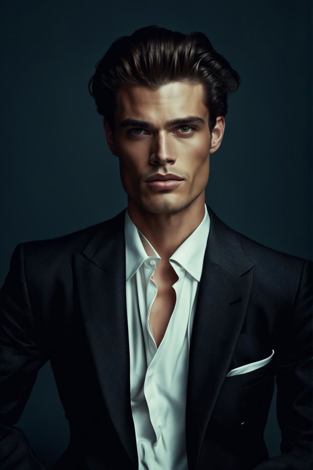 A high-definition image of a handsome male supermodel with an incredible hairstyle, embodying the elegance of old money