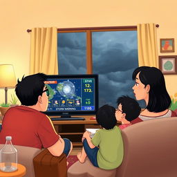 An illustration of a Filipino family gathered around a television, deeply engaged in watching the news about a storm