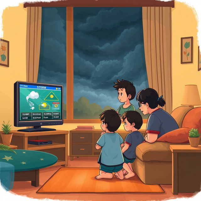 An illustration of a Filipino family gathered around a television, deeply engaged in watching the news about a storm