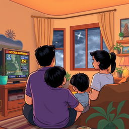 An illustration of a Filipino family gathered around a television, deeply engaged in watching the news about a storm