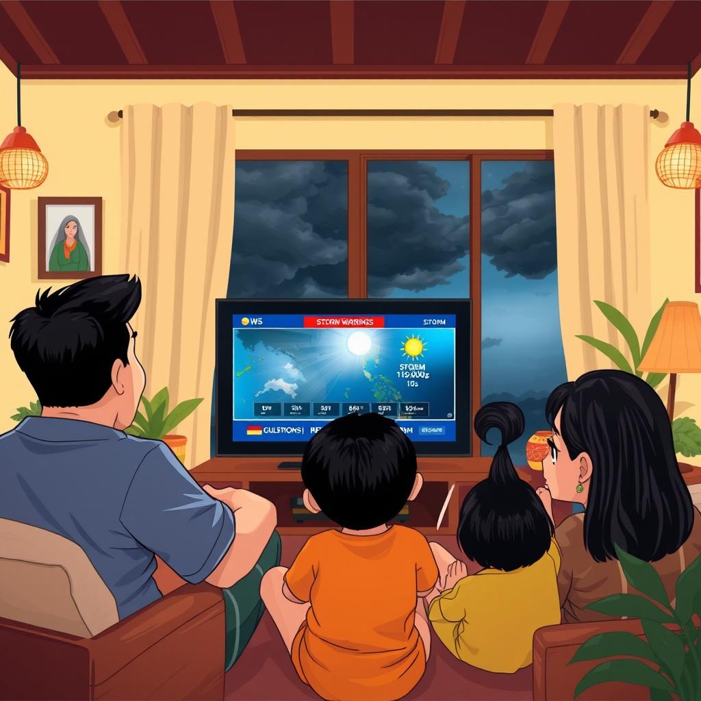 An illustration of a Filipino family gathered around a television, deeply engaged in watching the news about a storm