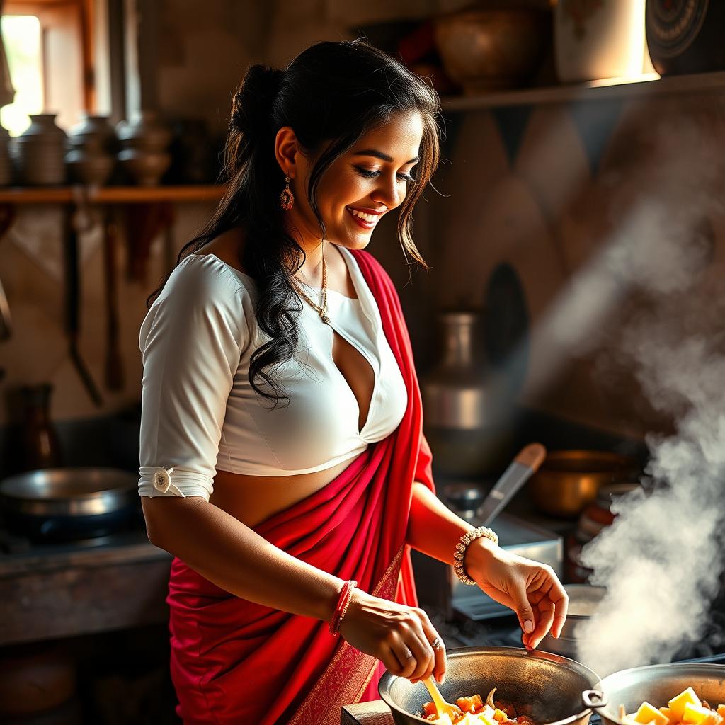 An Indian maid wearing a wet, short white blouse that accentuates her figure and reveals deep cleavage, paired with a richly colored red saree