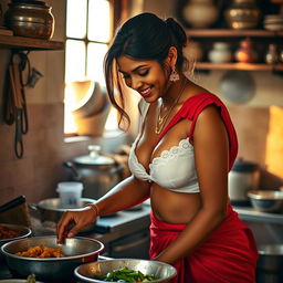 An Indian maid wearing a wet, short white blouse that accentuates her figure and reveals deep cleavage, paired with a richly colored red saree