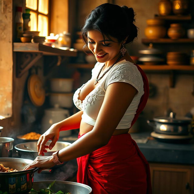 An Indian maid wearing a wet, short white blouse that accentuates her figure and reveals deep cleavage, paired with a richly colored red saree