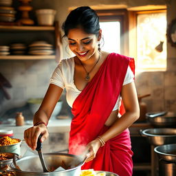 An Indian maid wearing a wet, short white blouse that accentuates her figure and reveals deep cleavage, paired with a richly colored red saree
