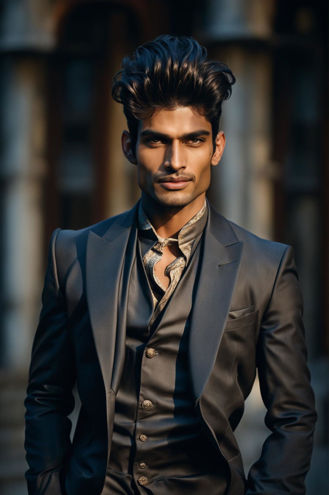 A high-definition image of a handsome Indian male supermodel with an incredible hairstyle, embodying the elegance of old money