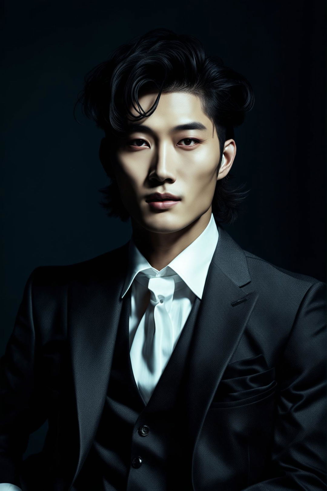 A high-definition image of a handsome Korean male supermodel with an incredible hairstyle, embodying the elegance of old money and K-pop charm