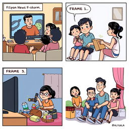 A comic strip consisting of three frames: Frame 1: An illustration of a Filipino family watching the news about an impending storm