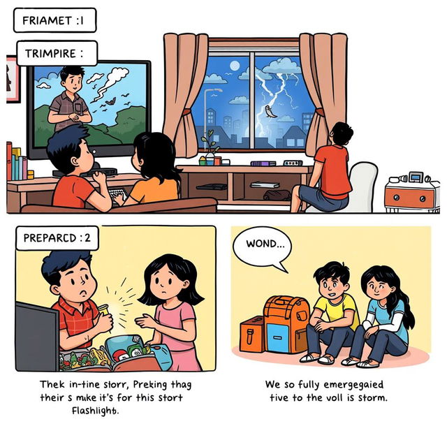 A comic strip consisting of three frames: Frame 1: An illustration of a Filipino family watching the news about an impending storm