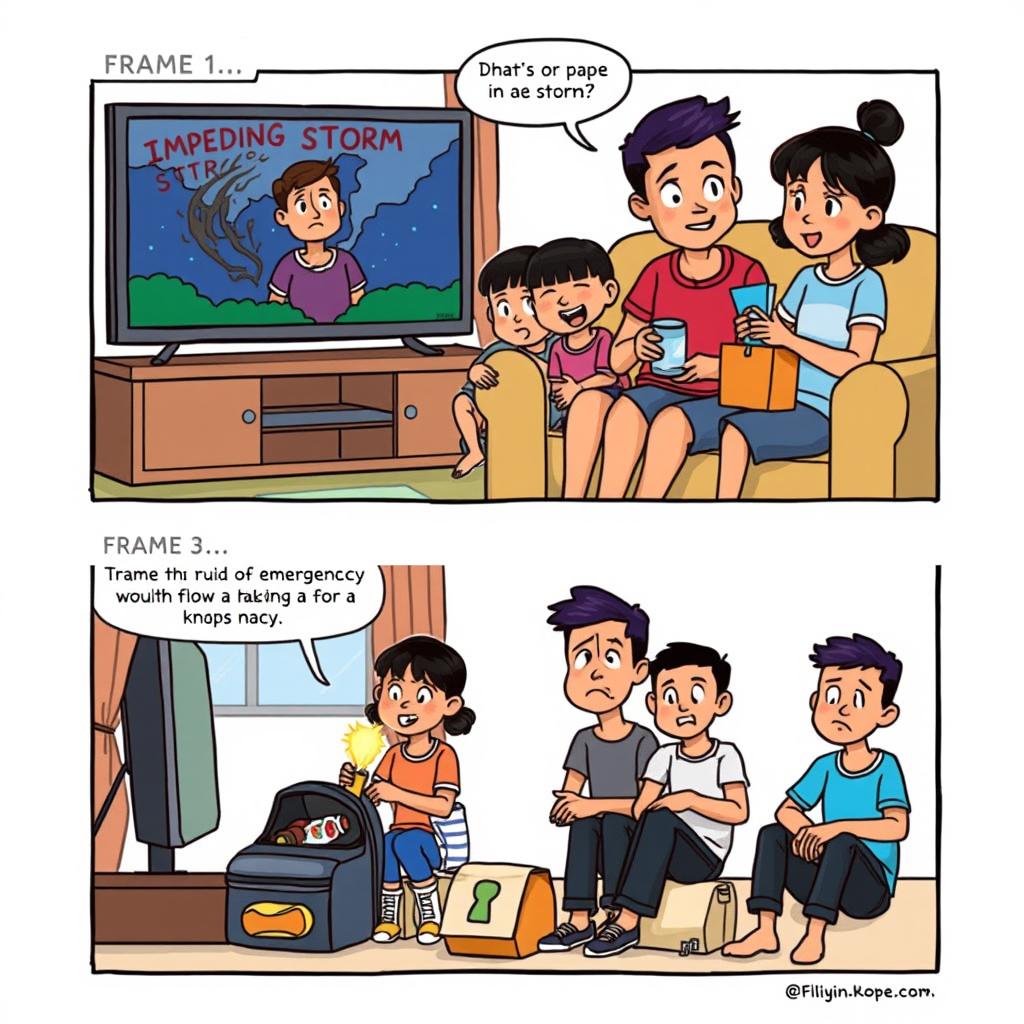 A comic strip consisting of three frames: Frame 1: An illustration of a Filipino family watching the news about an impending storm