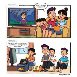 A comic strip consisting of three frames: Frame 1: An illustration of a Filipino family watching the news about an impending storm