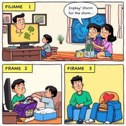 A comic strip consisting of three frames: Frame 1: An illustration of a Filipino family watching the news about an impending storm