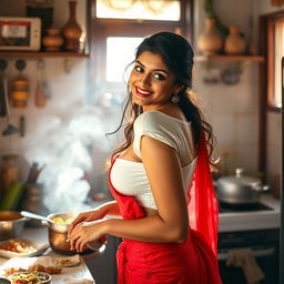 An Indian maid wearing a wet, short white blouse that accentuates her figure and reveals deep cleavage, paired with a vibrant red saree