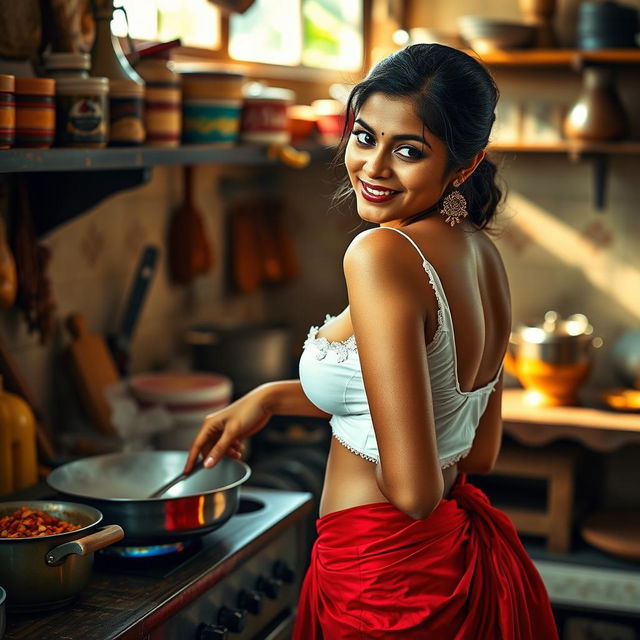 An Indian maid wearing a wet, short white blouse that accentuates her figure and reveals deep cleavage, paired with a vibrant red saree