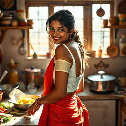 An Indian maid wearing a wet, short white blouse that accentuates her figure and reveals deep cleavage, paired with a vibrant red saree