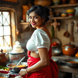 An Indian maid wearing a wet, short white blouse that accentuates her figure and reveals deep cleavage, paired with a vibrant red saree