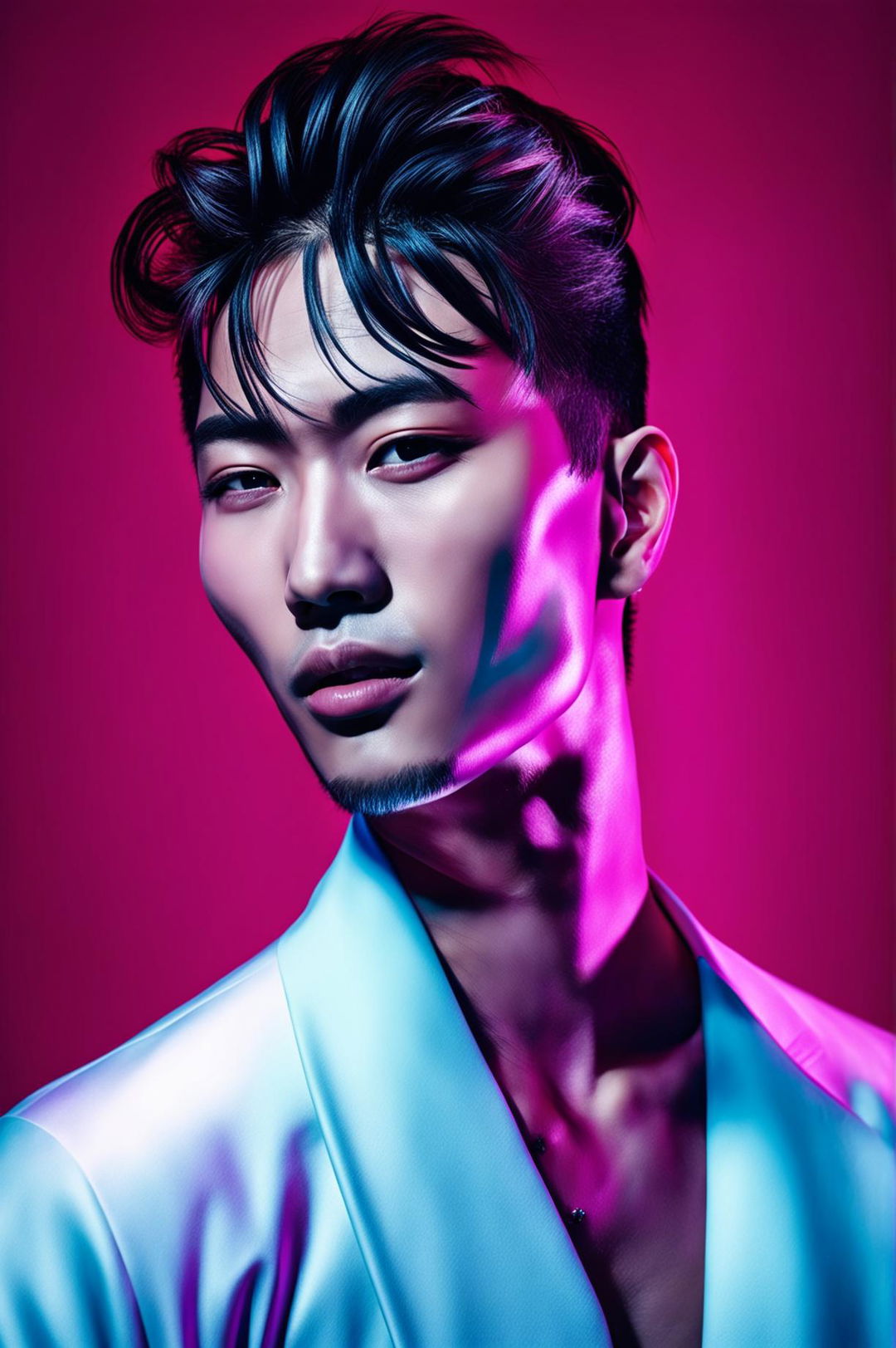 A high-definition image of a handsome Korean male supermodel with an incredible hairstyle, embodying contemporary sophistication and K-pop charm against a vibrant neon background