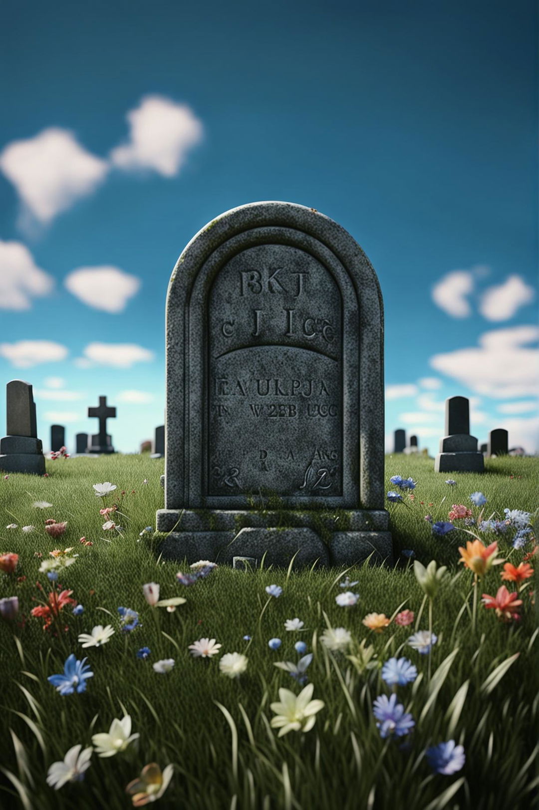 A 32k HD digital image of a headstone in a peaceful cemetery setting