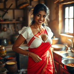 An Indian maid in a wet white blouse that reveals deep cleavage, paired with a striking red saree