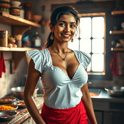 An Indian maid in a wet white blouse that reveals deep cleavage, paired with a striking red saree