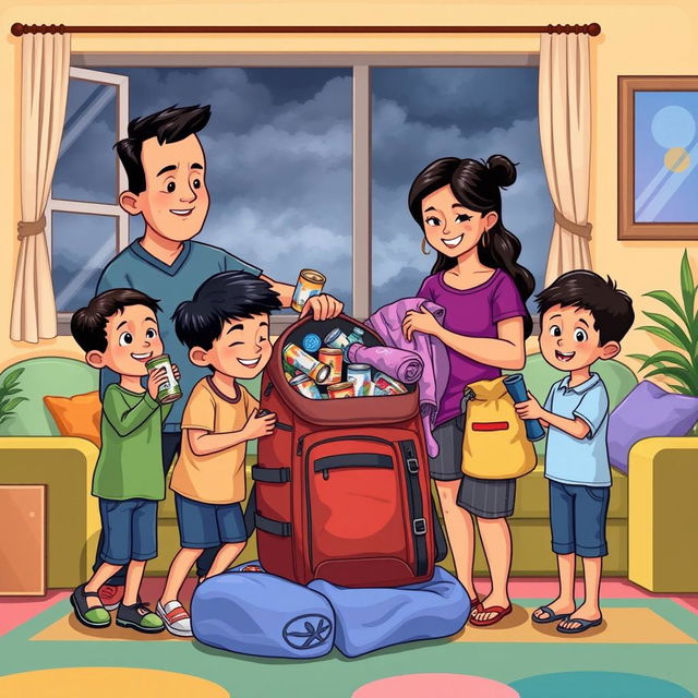 A vibrant cartoon-style illustration of a Filipino family preparing for an approaching storm