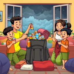 A vibrant cartoon-style illustration of a Filipino family preparing for an approaching storm