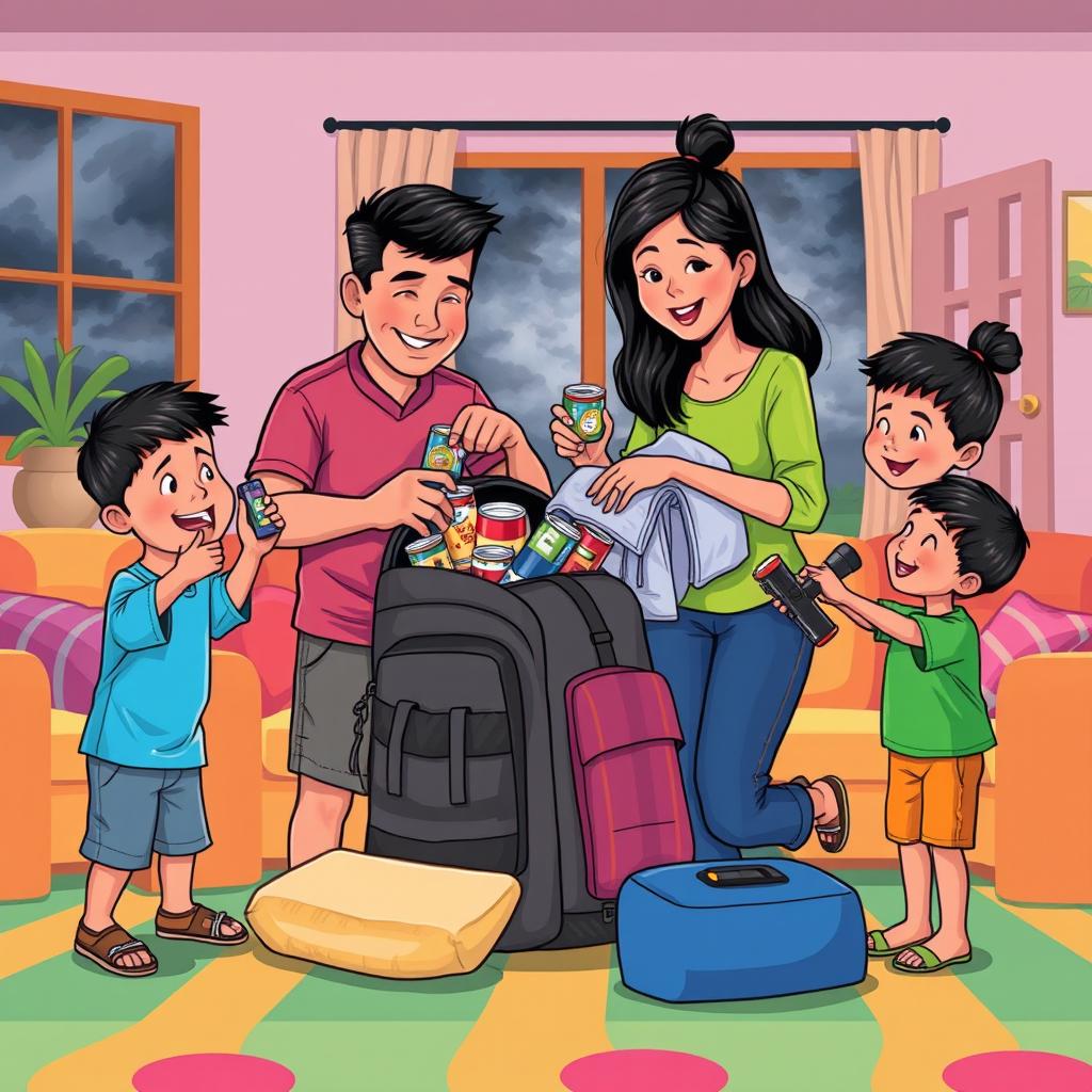 A vibrant cartoon-style illustration of a Filipino family preparing for an approaching storm