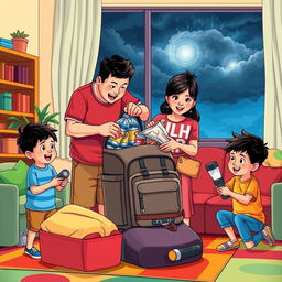 A vibrant cartoon-style illustration of a Filipino family preparing for an approaching storm