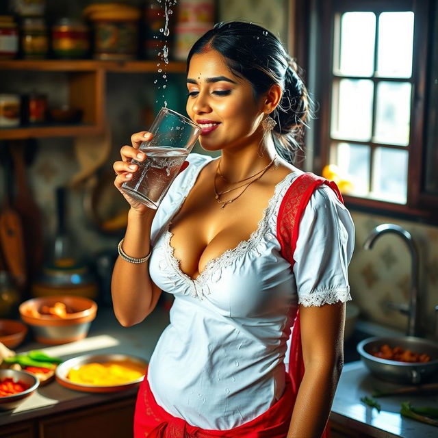 An Indian maid dressed in a wet white blouse that reveals deep cleavage, complemented by a vivid red saree