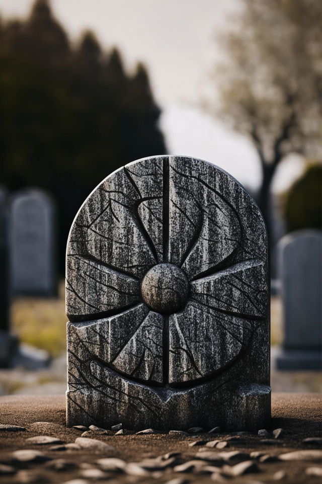 A high-definition digital image featuring a simple, flower-shaped headstone made from smooth granite