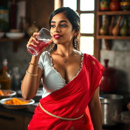 An Indian maid dressed in a wet white blouse that reveals deep cleavage, complemented by a vivid red saree