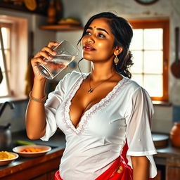 An Indian maid dressed in a wet white blouse that reveals deep cleavage, complemented by a vivid red saree