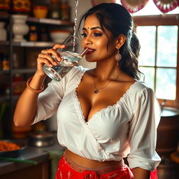 An Indian maid dressed in a wet white blouse that reveals deep cleavage, complemented by a vivid red saree