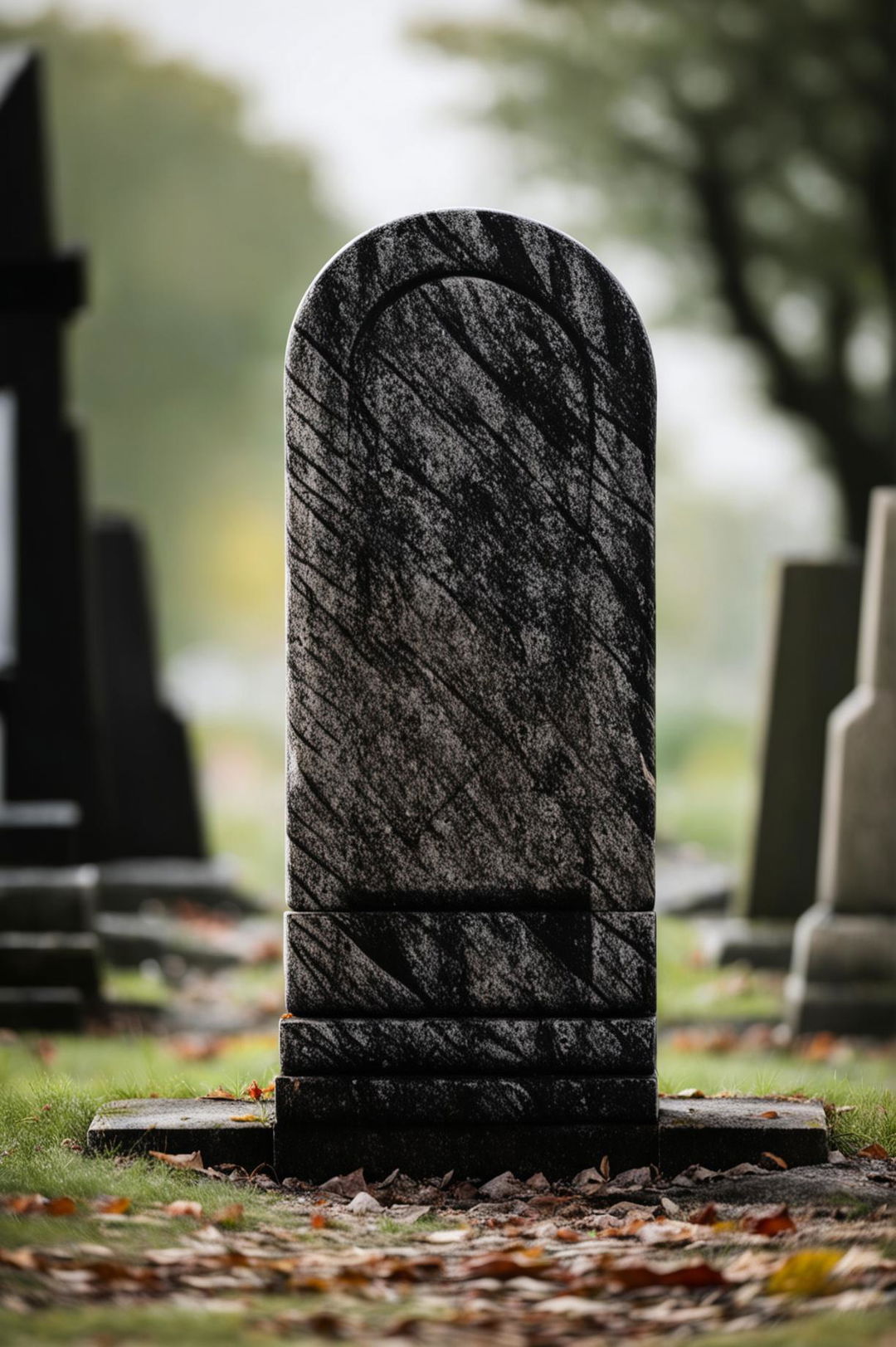 A high-definition digital image featuring a simple, abstract headstone made from matte granite