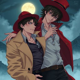 A highly detailed fantasy poster featuring Osamu Dazai and Nakahara Chuya from Bungo Stray Dogs, posed seductively together in an intimate and dynamic position