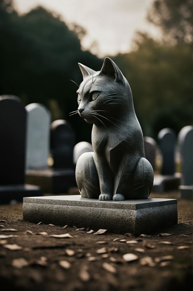 A high-definition digital image featuring a simple, minimalistic headstone in the shape of a cat, carved from matte granite