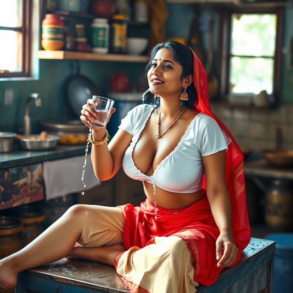 An Indian maid in a wet white blouse that reveals deep cleavage, teamed with a vibrant red saree